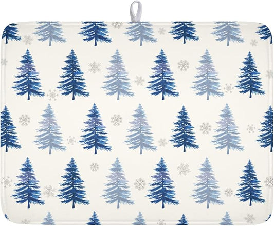 Winter Dish Drying Mat 16 x 18 Inch Blue Tree Dish Drying Pad Absorbent Microfiber Mats for Snowflake Dish Rack Pad for Holiday Kitchen Counter Coffee Bar Decor