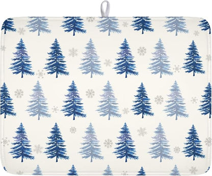 Winter Dish Drying Mat 18 x 24 Inch Blue Tree Dish Drying Pad Absorbent Microfiber Mats for Snowflake Dish Rack Pad for Holiday Kitchen Counter Coffee Bar Decor