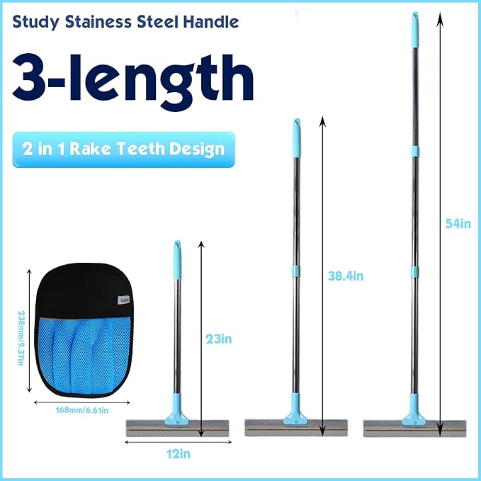 Carpet Rake for Pet Hair Removel, 3 in 1 TPU and Copper Rake Teeth, 54" Adjustable Long Handle Carpet Rake, Reusable Pet Hair Remover for Rugs, Mats, Stairs with Pet Hairs Removal Glove, 2 Hooks