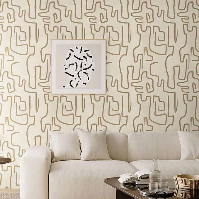 Ismoon 17.3"X393" Wallpaper Peel and Stick Modern Gold Peel and Stick Wallpaper Abstract Scribbles Wall Paper Removable Self-Adhesive Waterproof Wall Paper for Bathroom Decoration Vinyl Film Roll