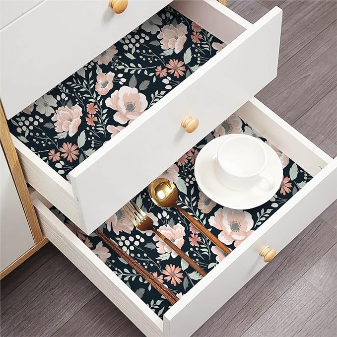 Heroad Brand Retro Floral Peel and Stick Wallpaper Dark Blue Floral Contact Paper for Cabinets Waterproof Navy Blue Wallpaper Removable Self Adhesive Drawer Liner Decoration Wall Paper 16.1"x78.7"