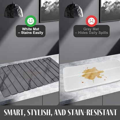 2 PCS Extra Large Stone Dish Drying Mat for Kitchen Counter, 28"×16" Marble Dish Drying Mat with 8"x 4" Coasters, Non - Slip Collapsible Absorbent Stone Dish Drying Mat for Multi - Purpose