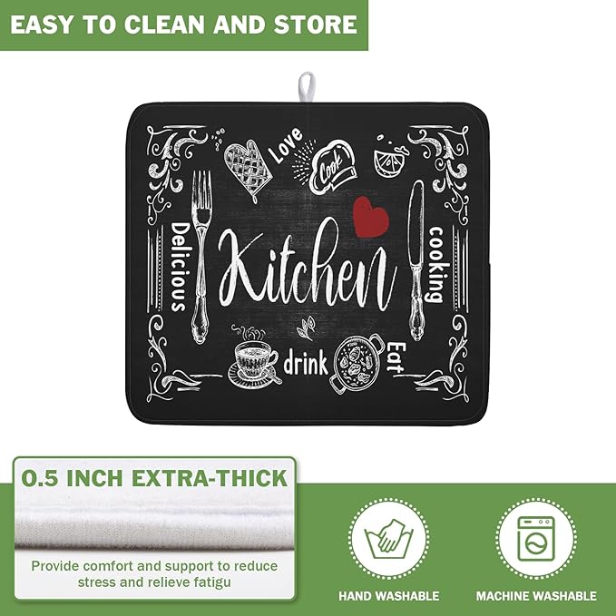 Dish Drying Mats for Kitchen Counter 16 x 18 Inch, Kitchen Drying Mat,Black Coffee Bar Dishes Pad Dish Drainer Rack Mats Absorbent Fast Dry Kitchen Accessories