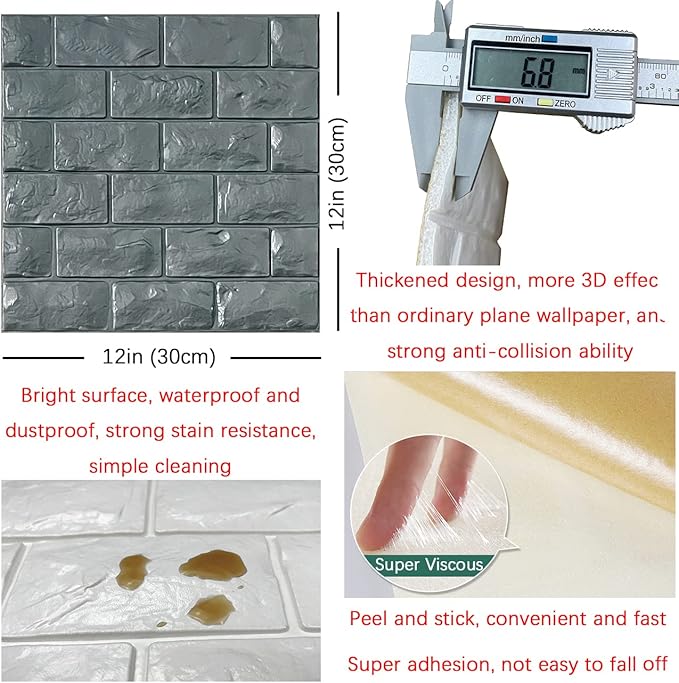 3D Wall Panels Peel and Stick 11PCS Gray Foam Brick Wallpaper for Bedroom Faux Stone Wall Panel Self-Adhesive Wallpaper (11PCS-10.65 Sq Ft, Gray)