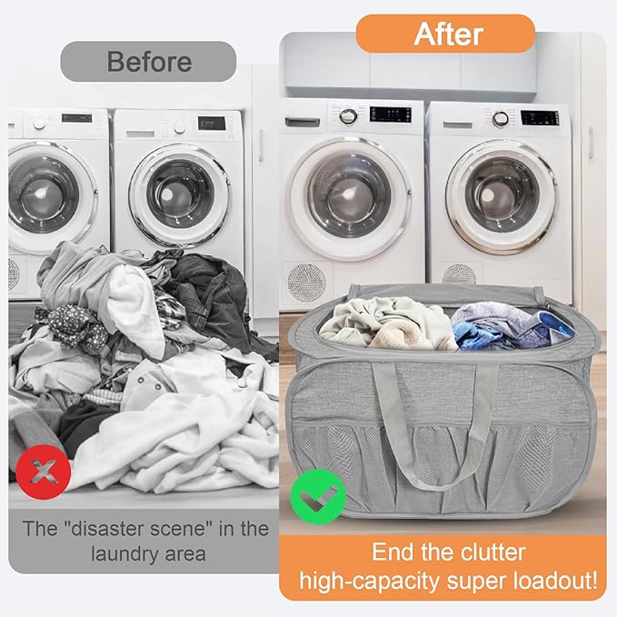 Collapsible Laundry Baskets, Tear Proof Pop Up Laundry Hamper with Lid, Dual Handles Durable Foldable Laundry Basket, Easy to Carry Laundry Hamper for Home, Laundry Room, Bedroom, Dorm, Travel Grey