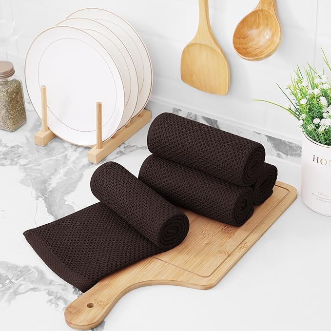 Kitinjoy 100% Cotton Waffle Weave Kitchen Hand Towels (13 X 28 Inches, Dark Brown), 4-Pack Super Soft and Absorbent Dish Towel for Drying Dishes