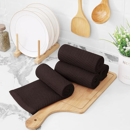 Kitinjoy 100% Cotton Waffle Weave Kitchen Hand Towels (13 X 28 Inches, Dark Brown), 4-Pack Super Soft and Absorbent Dish Towel for Drying Dishes