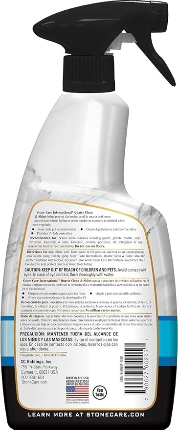 Stone Care International Quartz Cleaner and Polish - 24 Ounce with Microfiber Cloth - Clean and Shine Your Quartz Countertops Islands and Stone Surfaces with UV Protection