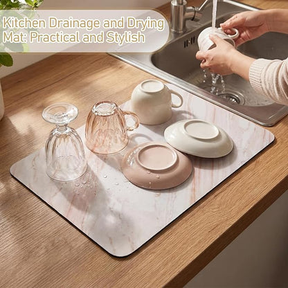 LemonRoad Dish Drying Mat for Kitchen Counter, 12"x20" Absorbent Coffee Bar Mat with Marble Texture Design, Fast-dry Diatomite Drainer Drying Mats with Non-slip Backing for Kitchen Sink Countertop