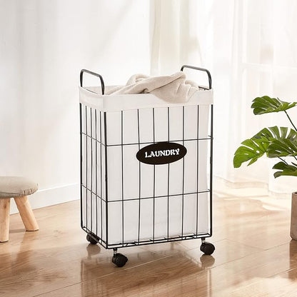 Mxfurhawa Iron Wire Laundry Hamper With Rolling Lockable Wheels, Folding Laundry Storage Basket with Handles,Detachable Liner Collapsible Dirty Laundry Cart Sorter Clothes Basket Organizer (23.6 inch)