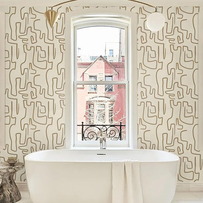 Ismoon Peel and Stick Wallpaper Modern Geometric Wallpaper 17.3inx197in Gold and Beige Contact Paper Self-Adhesive Removable Wallpaper for Bathroom Cabinets Walls Countertop Waterproof Thicken Vinyl