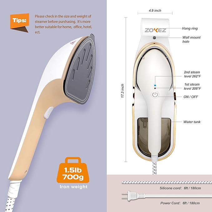 ZOKEZ Handheld Steamer for Clothes, 1500W Extra Large Soleplate, 330ml Detachable Tank, 2-in-1 Horizontal & Vertical Use, Fabric Wrinkles Remover, No Water Leak and Auto-Off
