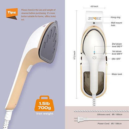 ZOKEZ Handheld Steamer for Clothes, 1500W Extra Large Soleplate, 330ml Detachable Tank, 2-in-1 Horizontal & Vertical Use, Fabric Wrinkles Remover, No Water Leak and Auto-Off