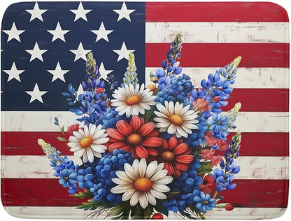 4th of July Patriotic Flower Dish Drying Mat for Kitchen Counter,American Flag Independence Day Drying Mat 18 x 24 Inch with High Absorbent Microfiber Drainer Mat for Coffee Bar
