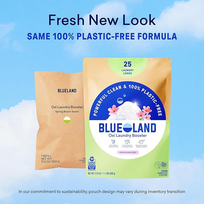 BLUELAND Oxi Laundry Booster Powder with Tin, Starter Set, Spring Bloom Scent, 25 Loads, 17.6 oz, Plastic-Free, Eco Friendly, Oxy Cleaner, Stain Remover