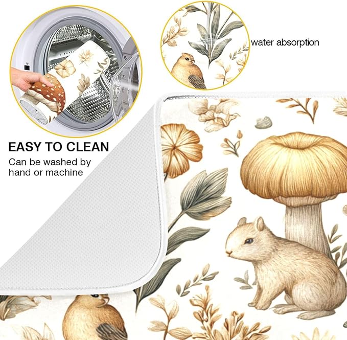 Watercolor Mushrooms Dish Drying Mat Absorbent Kitchen Pads for Counter Kitchen Dish Dryer 16 x 18 Mat under Dish Drainer