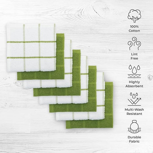 100% Cotton Terry Dish Cloth & Dish Towel, 8 Pack, Super Soft and Absorbent Kitchen Towels, Perfect for Kitchen Cleaning and Dish Washing (Green (Solid and Checks) 8 Pack)