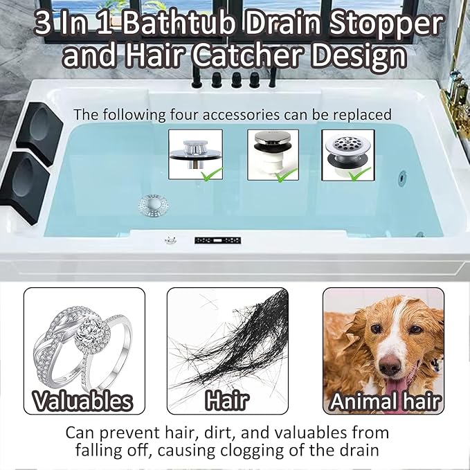 Bathtub Drain Stopper, Pop Up Tub Stopper Plug with Bathtub Drain Hair Catcher Cover, Universal for 1.45 in to 1.8 in Tub Drain, Brushed Nickel