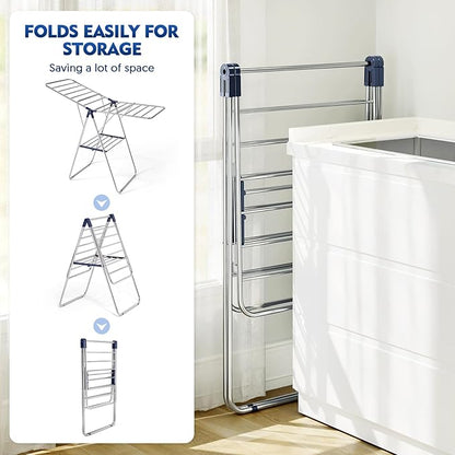 APEXCHASER Clothes Drying Rack, Stainless Steel Drying Rack Clothing with Height-Adjustable, Foldable Gullwings Laundry Drying Rack, Indoor Outdoor Use, No Assembly