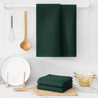 Kitinjoy 100% Cotton Waffle Weave Kitchen Hand Towels (13 X 28 Inches, Blackish Green), 4-Pack Super Soft and Absorbent Dish Towel for Drying Dishes