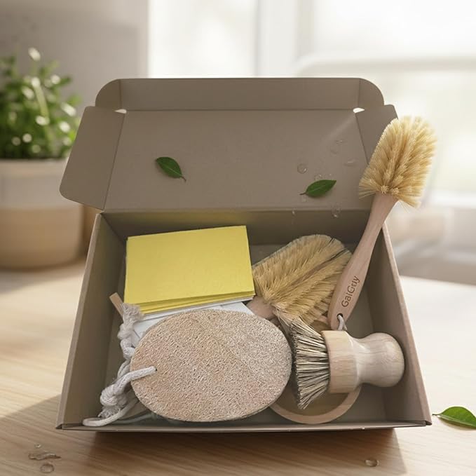 (NO Plastic) Dish Washing Brushes and Sponges, 2 Wood Brushes + 10 Natural Sponges + 5 Loofahs+ 2 Wood Brush Holders, Plastic Free Kitchen Cleaning Brushes (Zero Waste Kit)