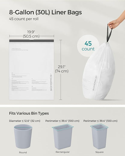 SONGMICS Trash Bags for 8-Gallon (30 L) Trash Cans, Drawstring Kitchen Garbage Bags, Pre-Separated, Liner Code 30A, 4 Rolls, 180 Count, White UKRB030A04