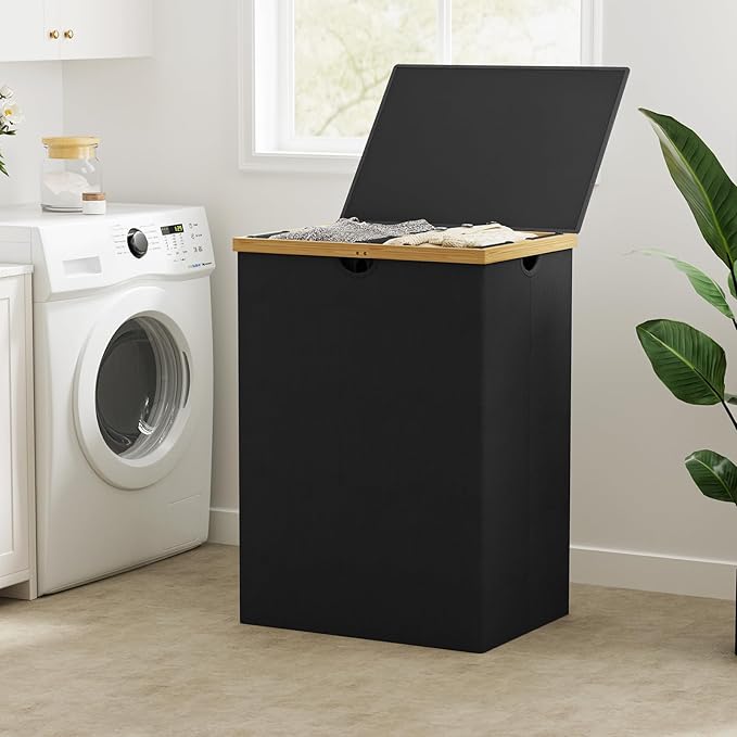 WOWLIVE 165L Double Laundry Hamper with Lid Bamboo Laundry Basket 2 Section,Large Dirty Clothes Hamper with Removable Linner Bags,Laundry Bin Organizer Storage for Dorm,Bedroom,Bathroom,Black