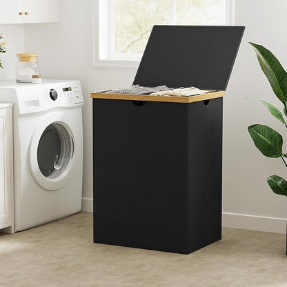 WOWLIVE 165L Double Laundry Hamper with Lid Bamboo Laundry Basket 2 Section,Large Dirty Clothes Hamper with Removable Linner Bags,Laundry Bin Organizer Storage for Dorm,Bedroom,Bathroom,Black