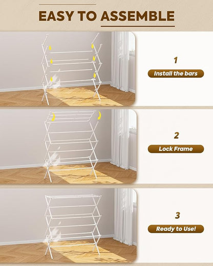 KINGBOARD Clothes Drying Rack, Collapsible Drying Rack Clothing with 11 Poles, 3-Tier Laundry Drying Rack, Small Clothes Drying Rack Foldable for Baby Clothes Sock Towel, 25lb Capacity, White & Grey