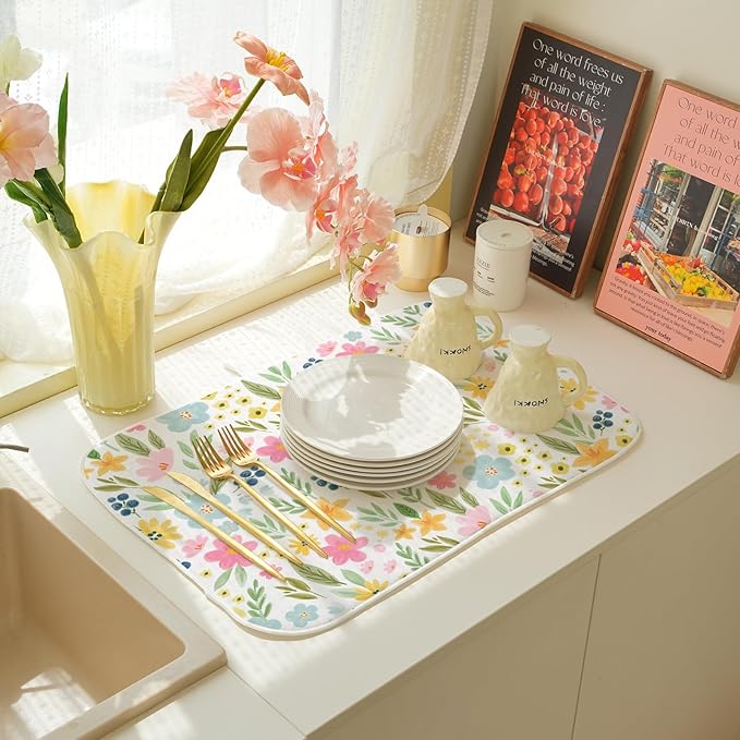 Spring Yellow Pink Blue Floral Dish Drying Mats 18x24 Inch Watercolor Flower Spring Drying Mats Seasonal Absorbent Drying Dish Pad Rack Drainer Mats for Kitchen Dining Room Counter Decorations