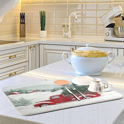 Happy Christmas Tree Dish Drying Mat Microfiber Drying Matt for Dishes Sink Kitchen Counter 18 x 24 Inches