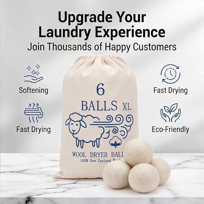 Premium XL Wool Dryer Balls (2.7)6 Pack - 100% Organic New Zealand Wool - Reusable Natural Fabric Softener - Reduces Wrinkles & Shortens Drying Time - XL Jumbo Size Set of 6