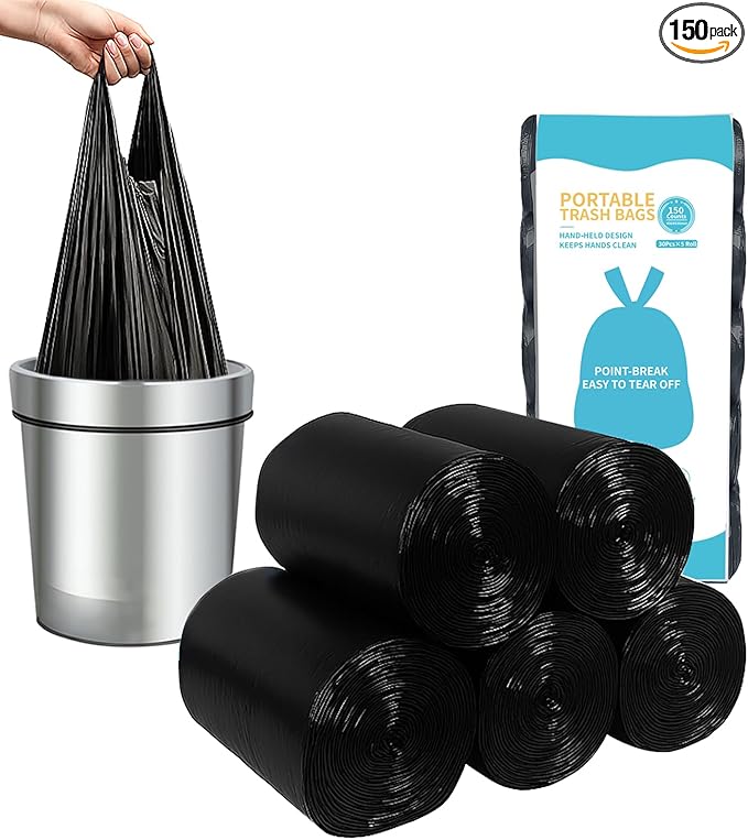 MakMeFre 5Rolls 4Gallon Portable Trash Bags,Thicken Small Garbage Bags for Office,Bedroom,Kitchen Waste Bin(150Counts,Black)