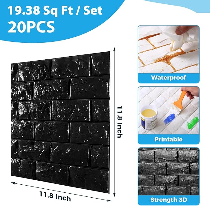 20 Pcs 3d Wall Panels Stick and Peel, Black Brick Printable Faux Paneling Self Adhesive Waterproof 3d Wallpaper Stick and Peel for Bedroom, Bathroom, Kitchen, Fireplace (19.38 sq feet Coverage)