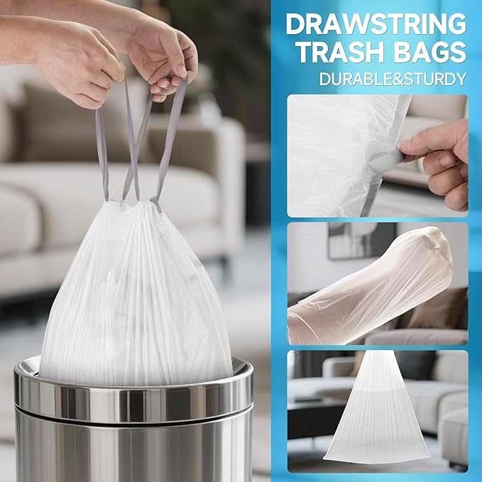 Small Trash Bags 4 Gallon Drawstring- 360 Counts 4 Gallon Trash Bag Extra Strong, Small Garbage Bags Unscented, Stretchy, Quick Cinch for Bathroom Kitchen, White