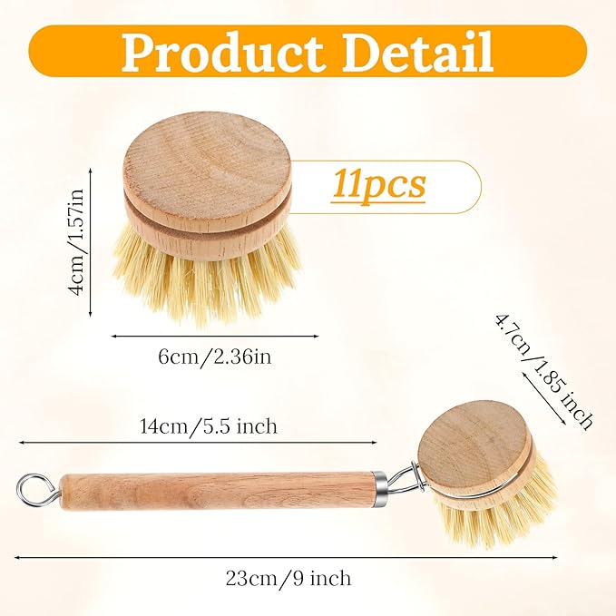 12-Piece Wooden Kitchen Dish Brush Set with One Bamboo Handle & 11 Replacement Heads, Natural Fiber Scrubber for Pots Pans Bottles Vegetables Cleaning