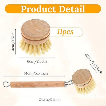12-Piece Wooden Kitchen Dish Brush Set with One Bamboo Handle & 11 Replacement Heads, Natural Fiber Scrubber for Pots Pans Bottles Vegetables Cleaning