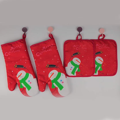 Oven Mitts and Potholders BBQ Gloves-Oven Mitts and Pot Holders with Recycled Infill Silicone Non-Slip Cooking Gloves for Cooking Baking Grilling (4-Piece Set) (Red Christmas Snow)
