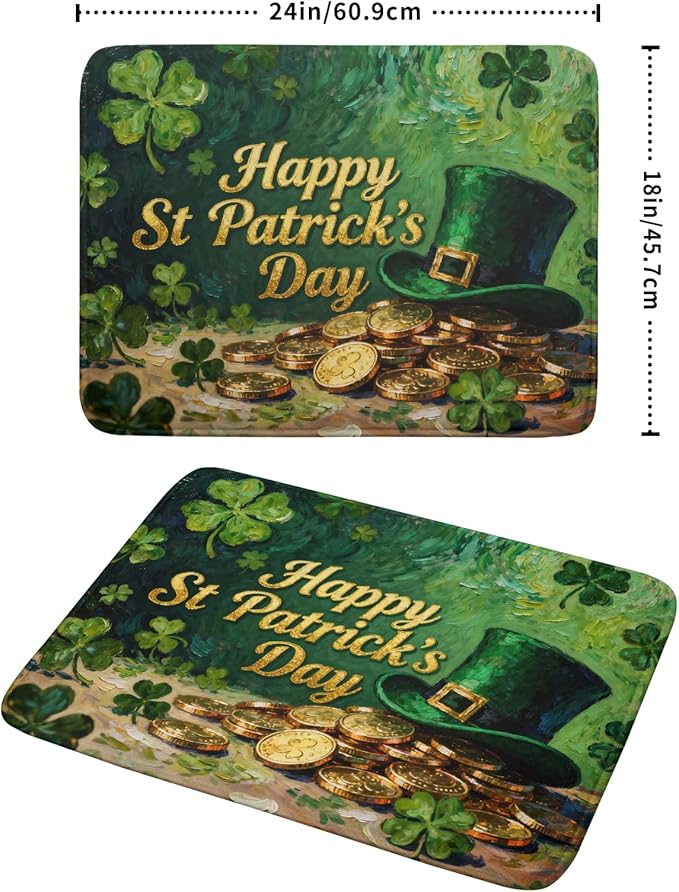 St Patrick's Day Dish Drying Mat for Kitchen Counter 18x24 Gold Green Lucky Clover Hat Coin Happy Holiday Absorbent Reversible Microfiber Drying Mats Kitchen Countertop Protector Dishes Drainer Pad