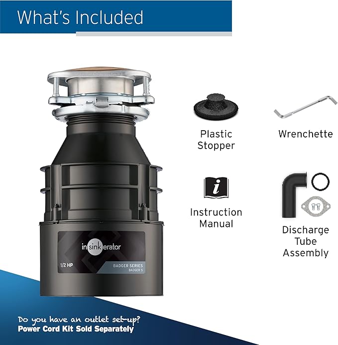 InSinkErator Badger 5 Garbage Disposal, Standard Series 1/2 HP Continuous Feed Food Waste Disposer, Black, Set of 1