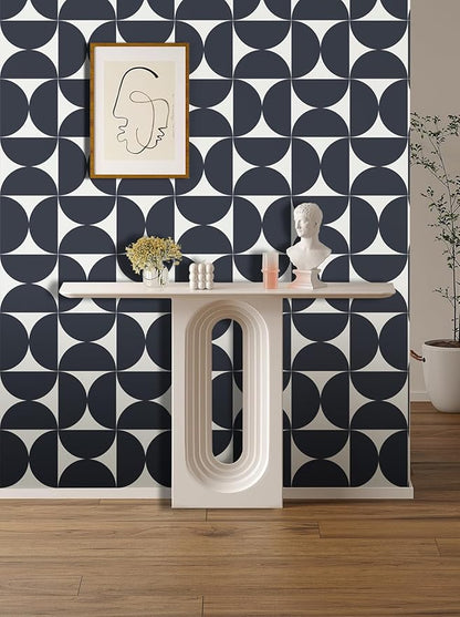 Dimoon 236"x17.3"Peel and Stick Wallpaper Geometric Contact Paper Vintage Navy Blue Beige Wall Paper Removable Square Waterproof Self Adhesive Wall Covering for Bedroom Shelf Liner Decal Vinyl Roll