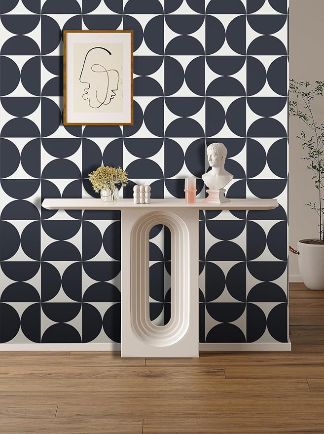 Dimoon 78.7"x17.3"Peel and Stick Wallpaper Geometric Contact Paper Vintage Navy Blue Beige Wall Paper Removable Square Waterproof Self Adhesive Wall Covering for Bedroom Shelf Liner Decal Vinyl Roll
