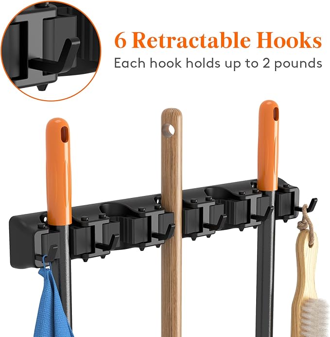 Lifewit Mop and Broom Holder Wall Mount, Anti-Slip Broom Hanger for Cleaning Supplies Organizer, Easy Install Tool Hanging Rack for Closet, Kitchen, Garage, 5 Slot 6 Hooks, Hold 30lbs, Black, 1 Pack