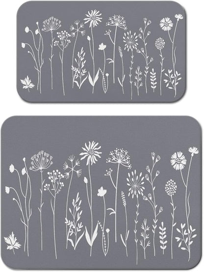 Dish Drying Mat for Kitchen Counter 2 Pack with Non-Slip Rubber Backing - Heat-Resistant Absorbent Coffee Bar Mat, Dish Rack Mat, Grey Flower Dish Drying Mats 18x24+19.5x12 inch