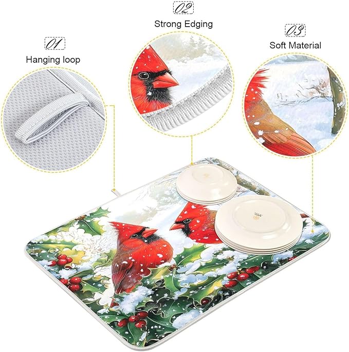 Red Cardinals Holly Bush Christmas Dish Drying Mat for Kitchen Counter Absorbent Microfiber Drying Pad, Medium 16x18 in