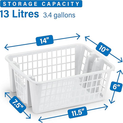 DecorRack Plastic Storage Basket, 13L Bathroom Storage Organizer Bin for Laundry Closet, Pantry or Office with Built In Handles, White (2 Pack)