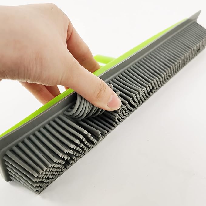 Push Broom Pet Hair Removal Broom with Squeegee,Soft Silicone Bristle Broom with Long Handle, Non Scratch Carpet Sweeper Brush for Cat/Dog Hair Hardwood Tile Windows(Green)