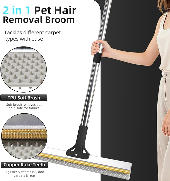 Carpet Rake for Pet Hair Removal - Upgraded 2-in-1 Carpet Broom with Copper Scraper & TPU Brush, 54’’ Adjustable Long Handle Reusable Cat Dog Hair Remover Tool for Deep Cleaning Rugs, Mats (Black)