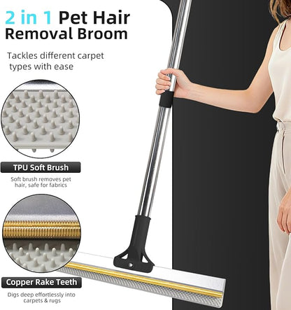 Carpet Rake for Pet Hair Removal - Upgraded 2-in-1 Carpet Broom with Copper Scraper & TPU Brush, 54’’ Adjustable Long Handle Reusable Cat Dog Hair Remover Tool for Deep Cleaning Rugs, Mats (Black)