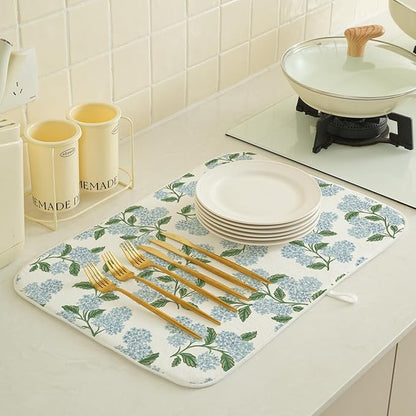 Blue Green Dish Drying Mat 18x24 Inch Vintage Floral Hydrangea Flower Drying Mat Spring Summer Absorbent Dish Drying Pad Dish Rack Drainer Mats for Kitchen Dining Counter